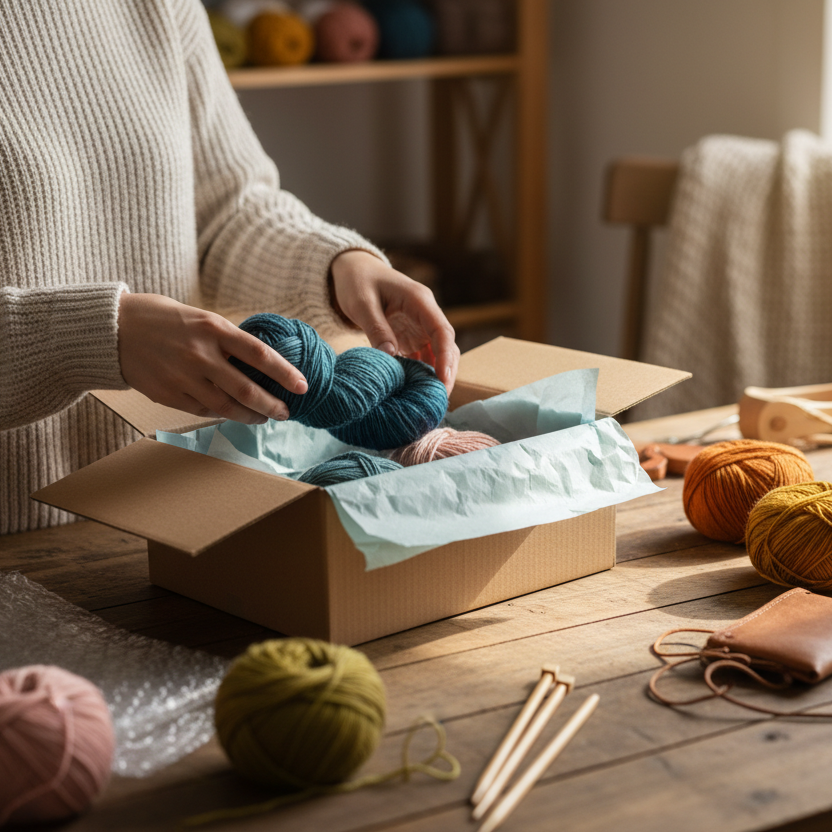 woman (face not shown) packing up a parcel for delivery for an online wool shop order, on a table.